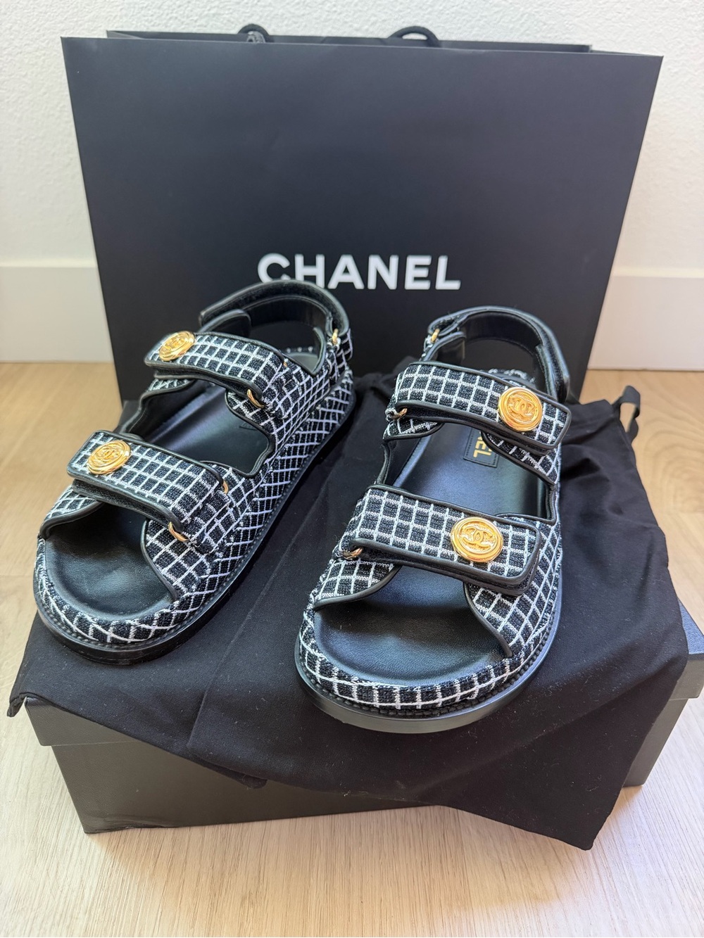 CHANEL Black White Tweed Double-Strap Sandals with Gold CC Buttons